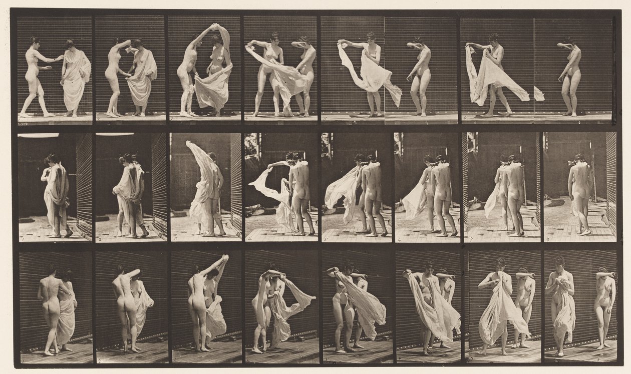 Tallerken 429. Toilet; To Modeller, 1 Disrobing 8, 1872-1885 af Eadweard Muybridge