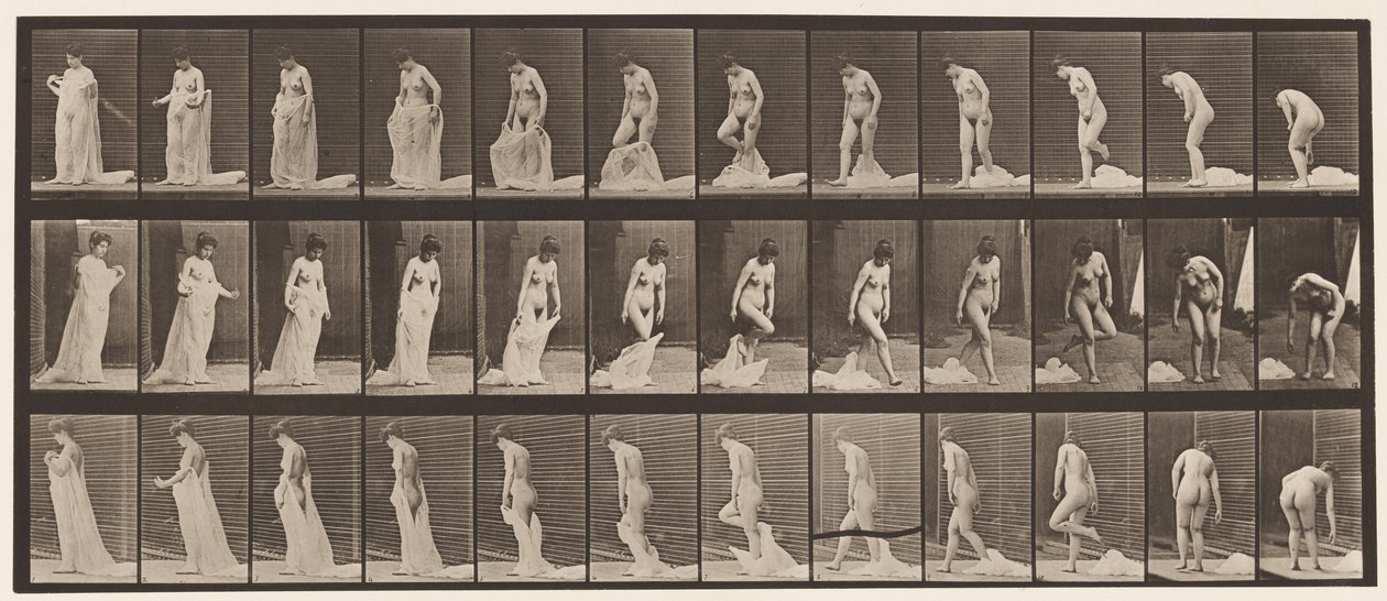 Tallerken 430. Toilet; Tager tøj af, 1872-1885 af Eadweard Muybridge