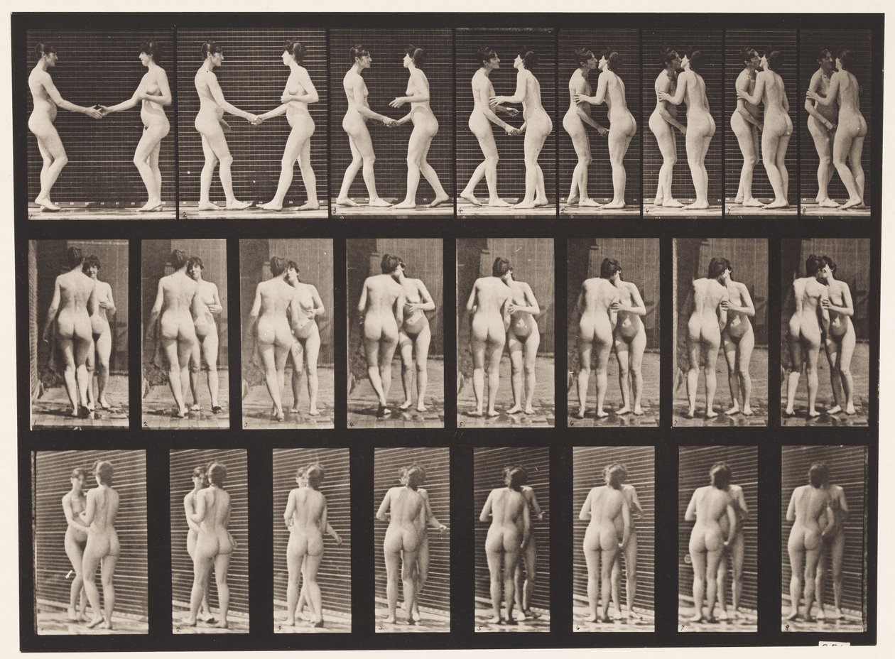 Tallerken 444. To modeller, der ryster hænder og kysser hinanden af Eadweard Muybridge