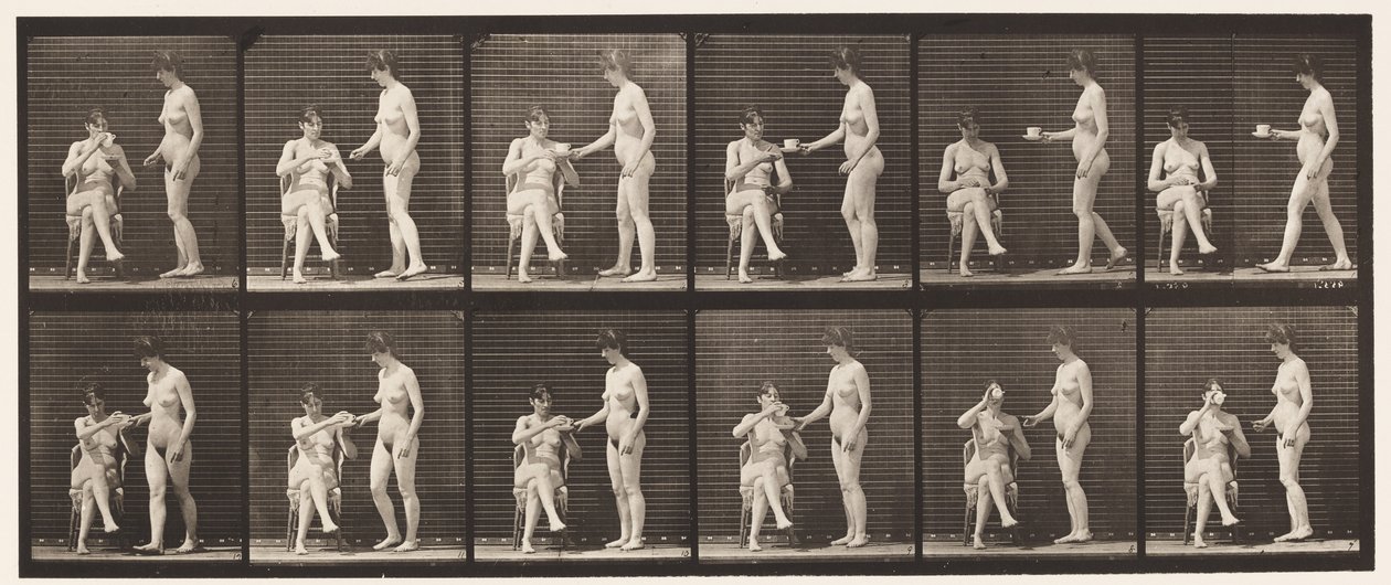 Tallerken 450. To modeller, 8 medbringer en kop te, 1 kop og drikkevarer, 1872-1885 af Eadweard Muybridge