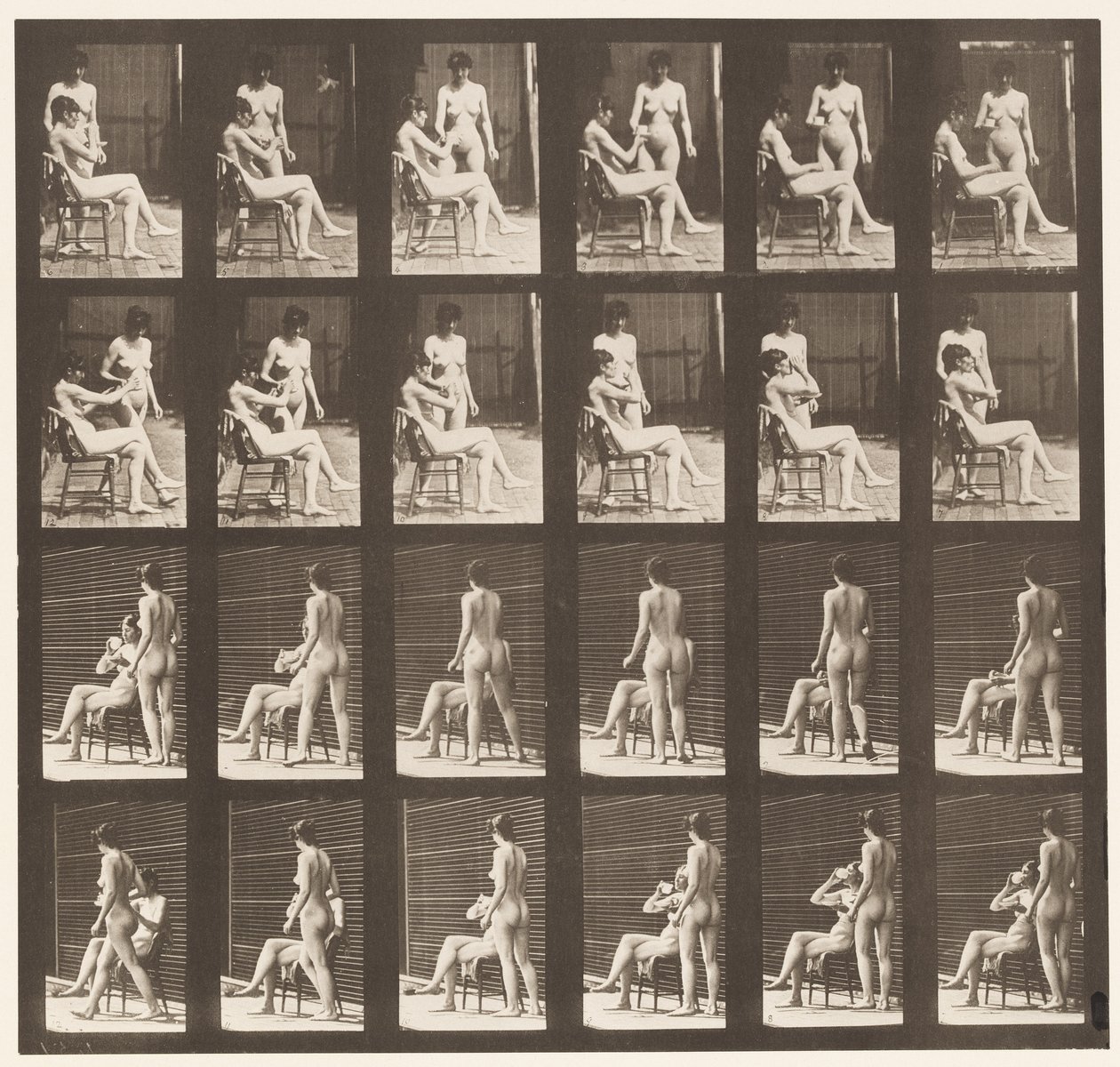 Tallerken 451. To modeller, 8 tager en kop te, 1 kop og drikkevarer, 1872-1885 af Eadweard Muybridge