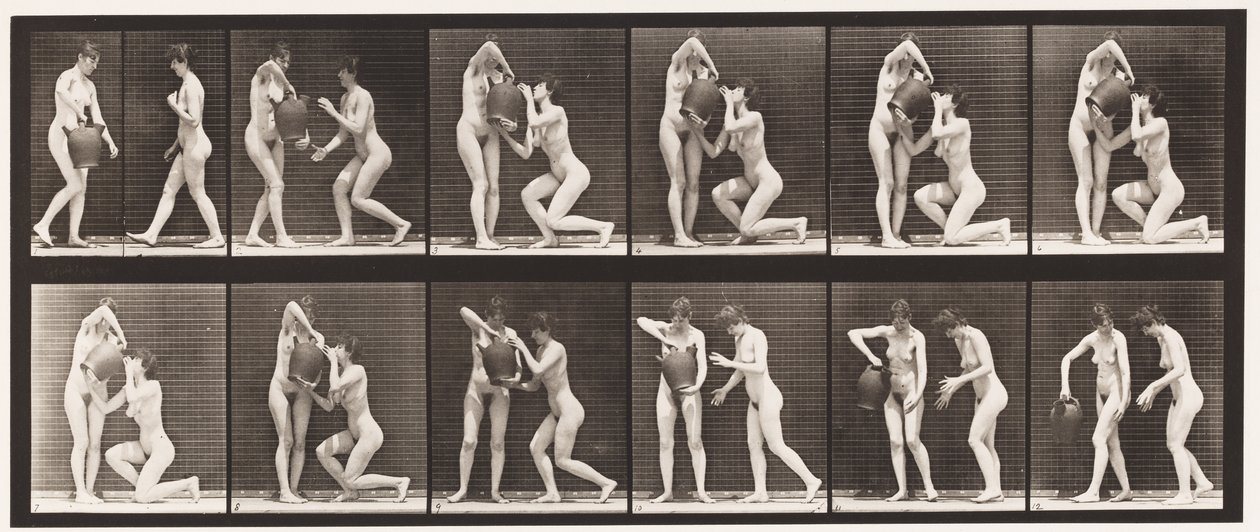 Tallerken 452. To modeller, 8 knæ, drikkevarer fra vandkrukke i hænder, 1872-1885 af Eadweard Muybridge