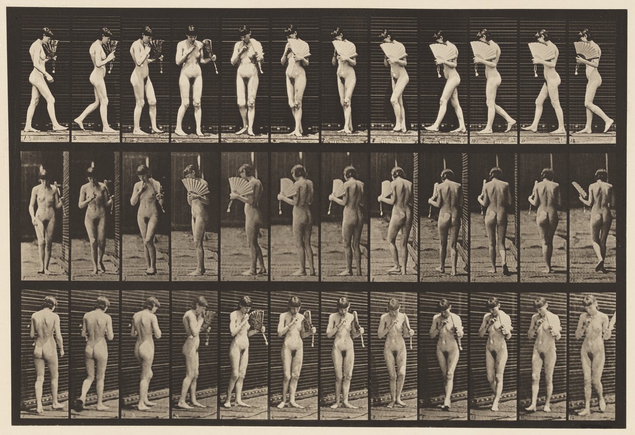 Plade 46. Gå, flirte en fan og vende sig om af Eadweard Muybridge