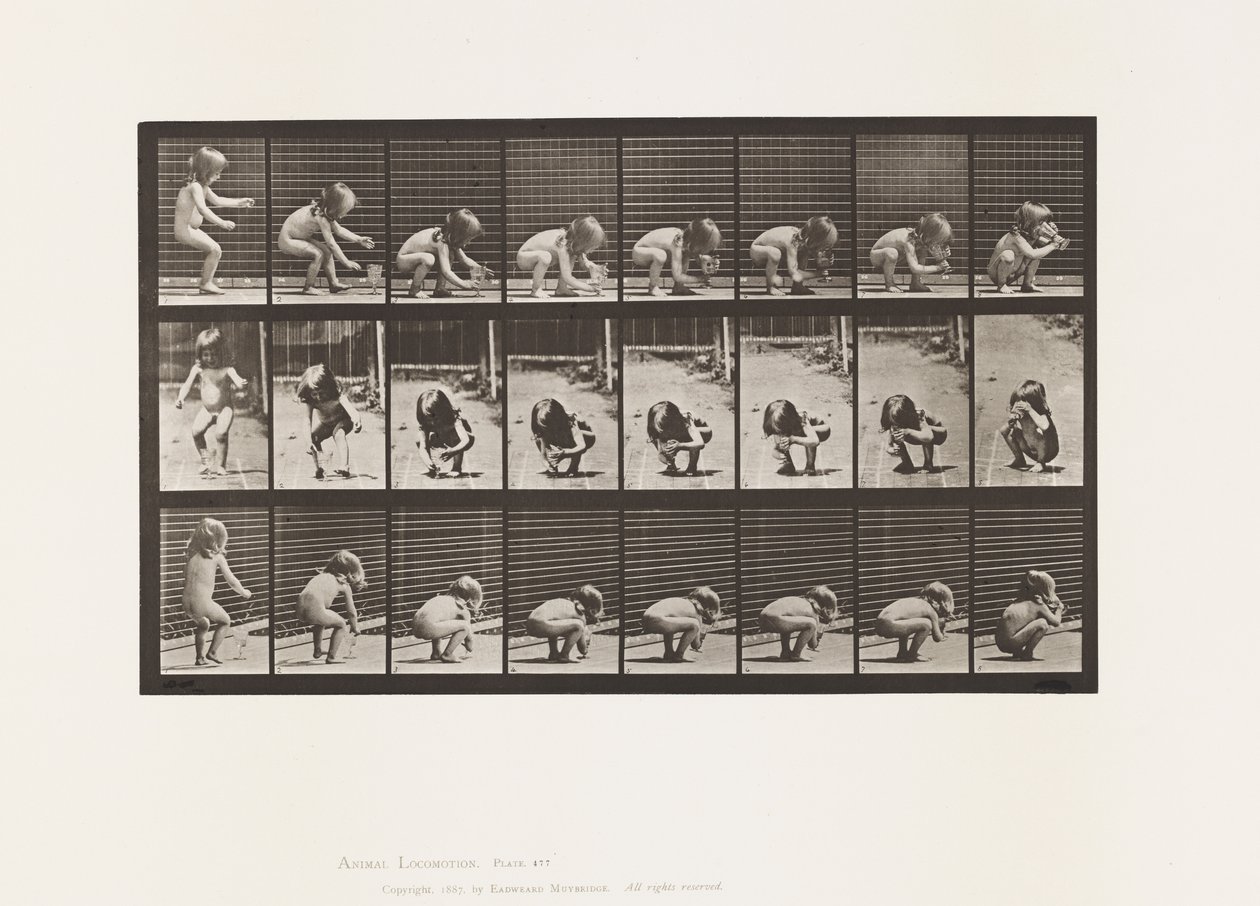 Tallerken 477. Barn, bøje sig, løfte en bæger og drikke af Eadweard Muybridge