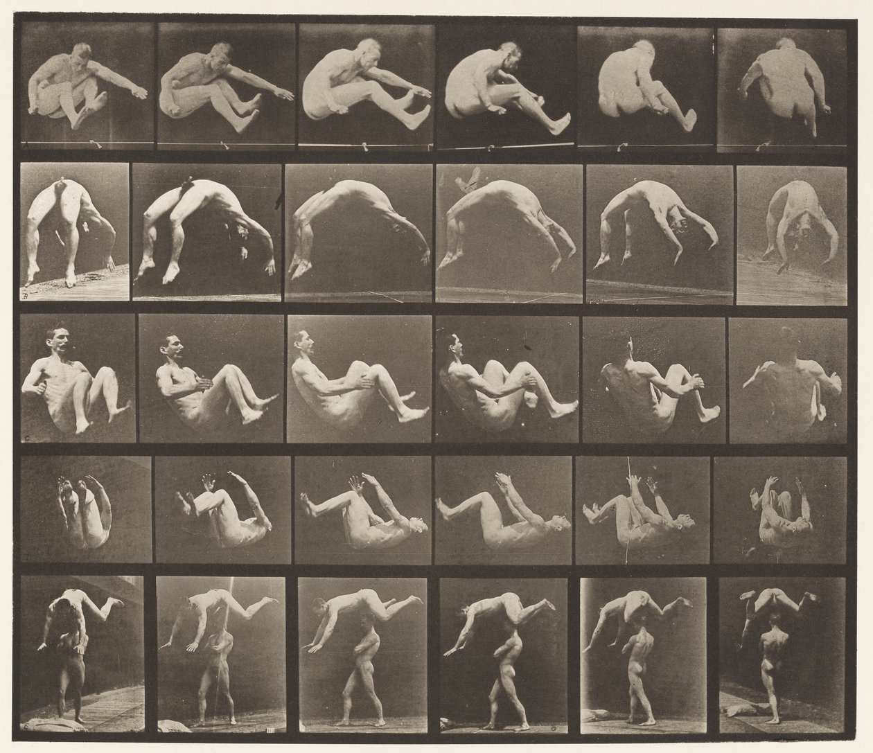 Tavle 522. A, 97 Springning; B, 98 Håndfjeder; C, 98 Saltomortale af Eadweard Muybridge