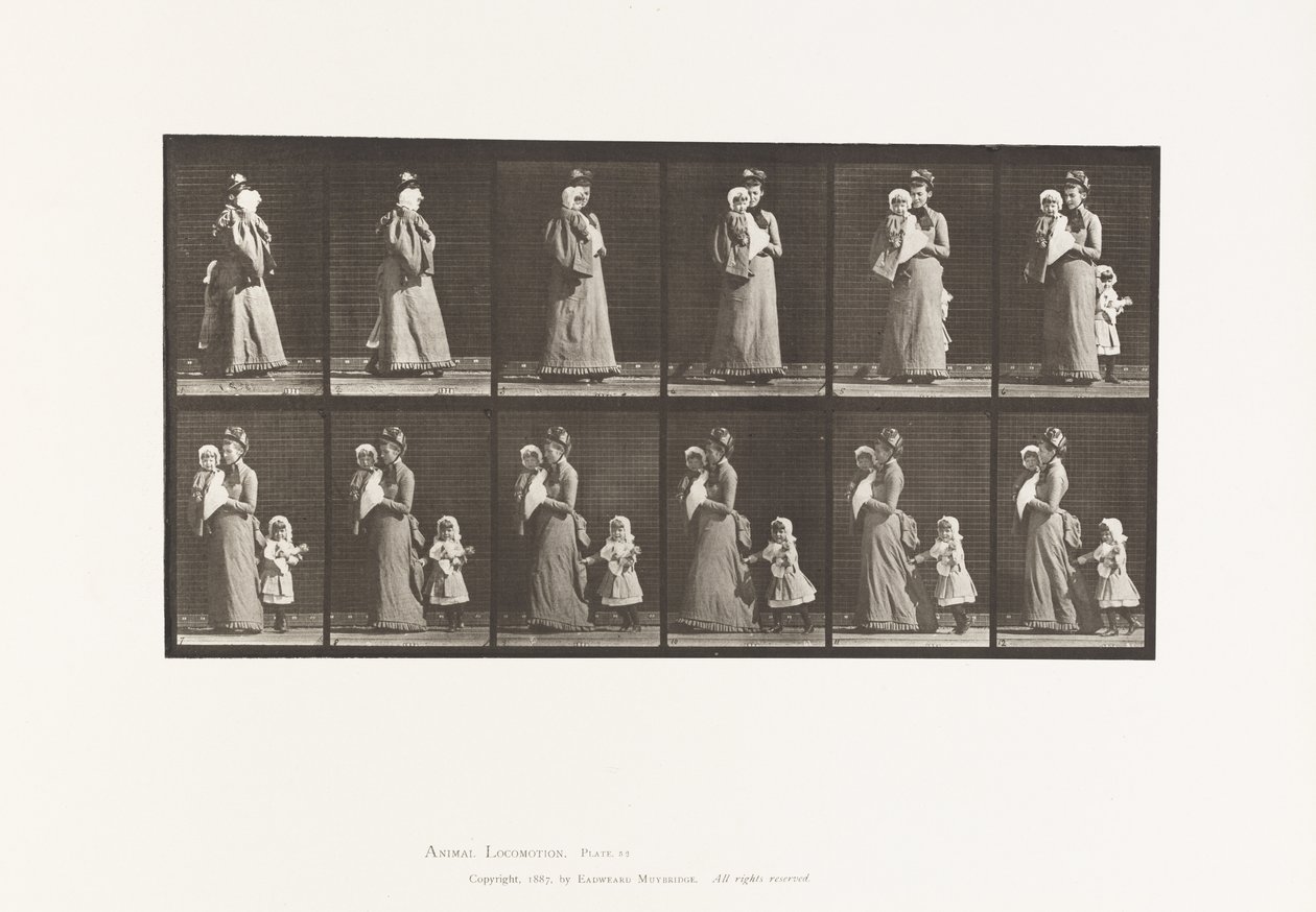 Plade 52. Gånde bærende barn, vende sig om; endnu et barn (70) holder fast i kjole på 9 af Eadweard Muybridge