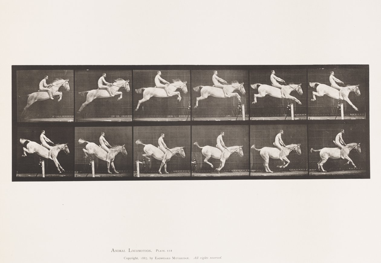 Plade 643. Hoppe en hække; Bareback; Rydning og landing; af Eadweard Muybridge