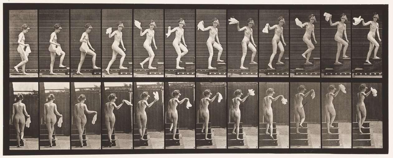Tavle 96. Opstigende Trapper, der ser sig omkring; Viftende Lommetørklæde af Eadweard Muybridge