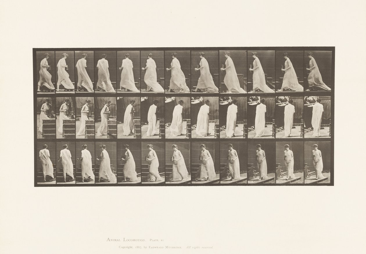 Plade 97. Vende for at gå op ad trapper, med kande og bæger i hænderne af Eadweard Muybridge