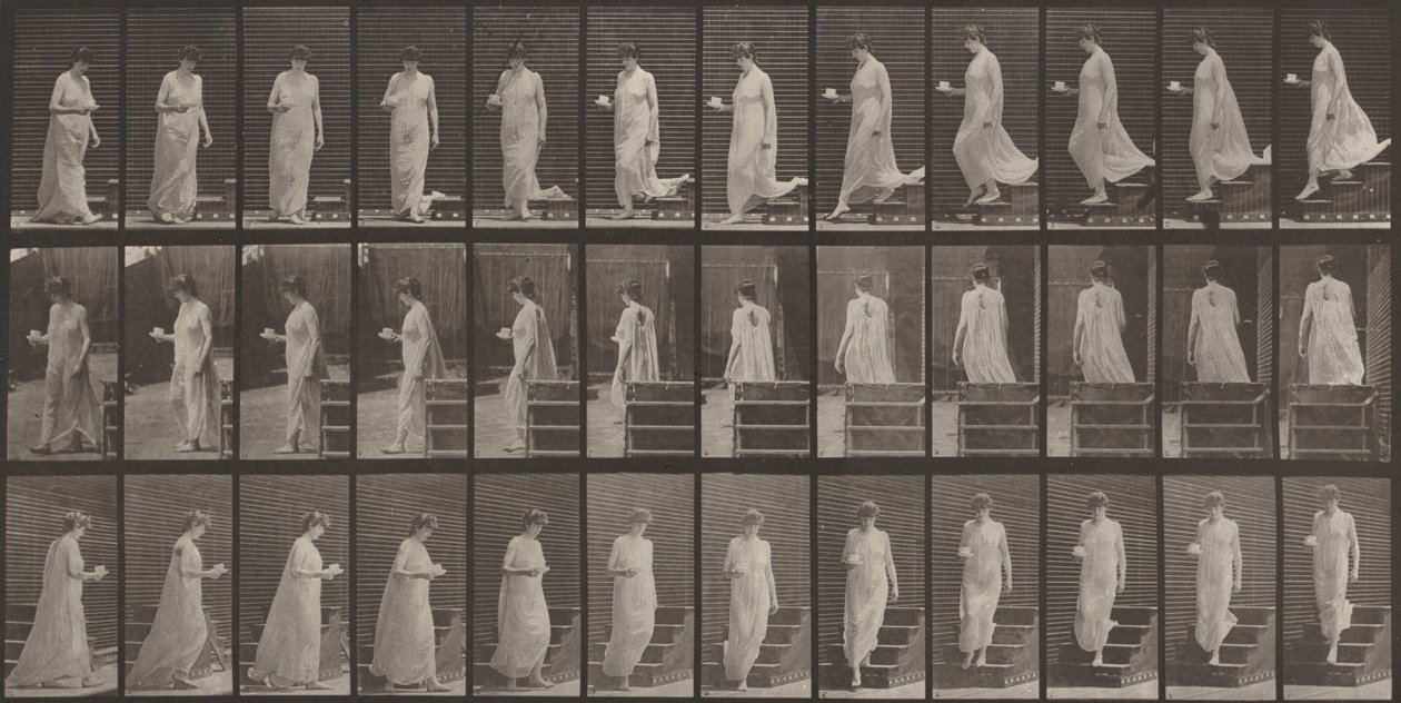 Tavle nummer 143. Går ned ad trapper, en kop og underkop i højre hånd af Eadweard Muybridge