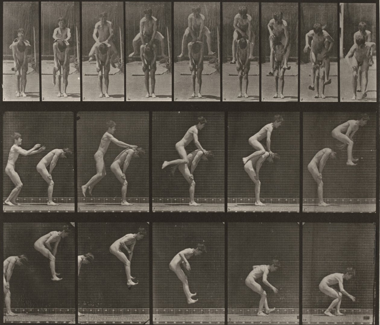 Tavle nummer 167. Springe over en drengs ryg (bukke spring) af Eadweard Muybridge