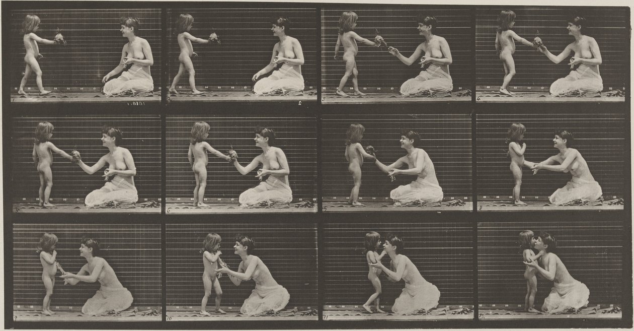 Nummerplade 465. Barn giver en buket til en kvinde,1887 (foto) af Eadweard Muybridge