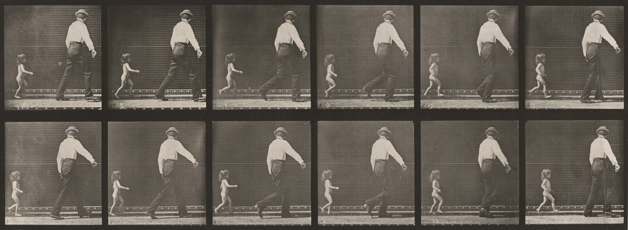 Tavle nummer 470. Barn, der løber efter en mand af Eadweard Muybridge