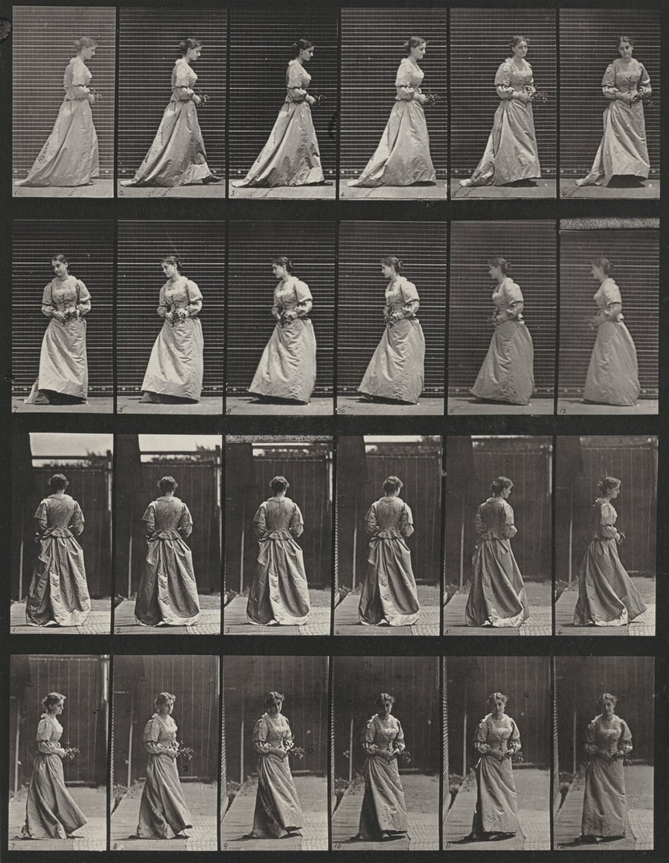 Tavle nummer 48. Gå og vende sig rundt med en buket i begge hænder af Eadweard Muybridge