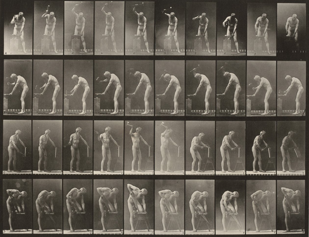 Tavle nummer 491. A, B: Hamring på en ambolt. C: Brug af en økse. D: Savning af et bræt af Eadweard Muybridge