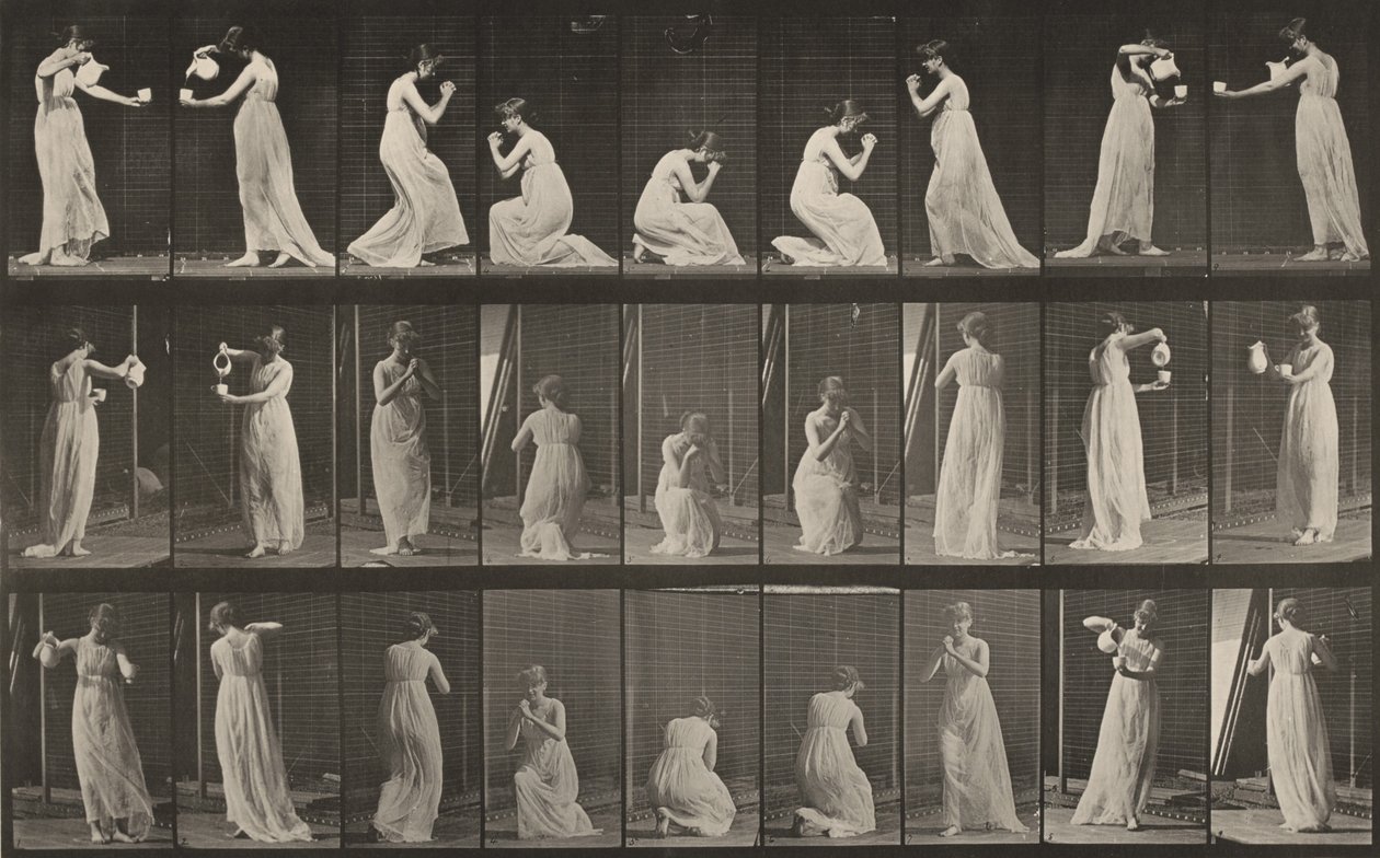 Tavle nummer 502. Forskellige stillinger, foroverbøjet, knælende osv. af Eadweard Muybridge
