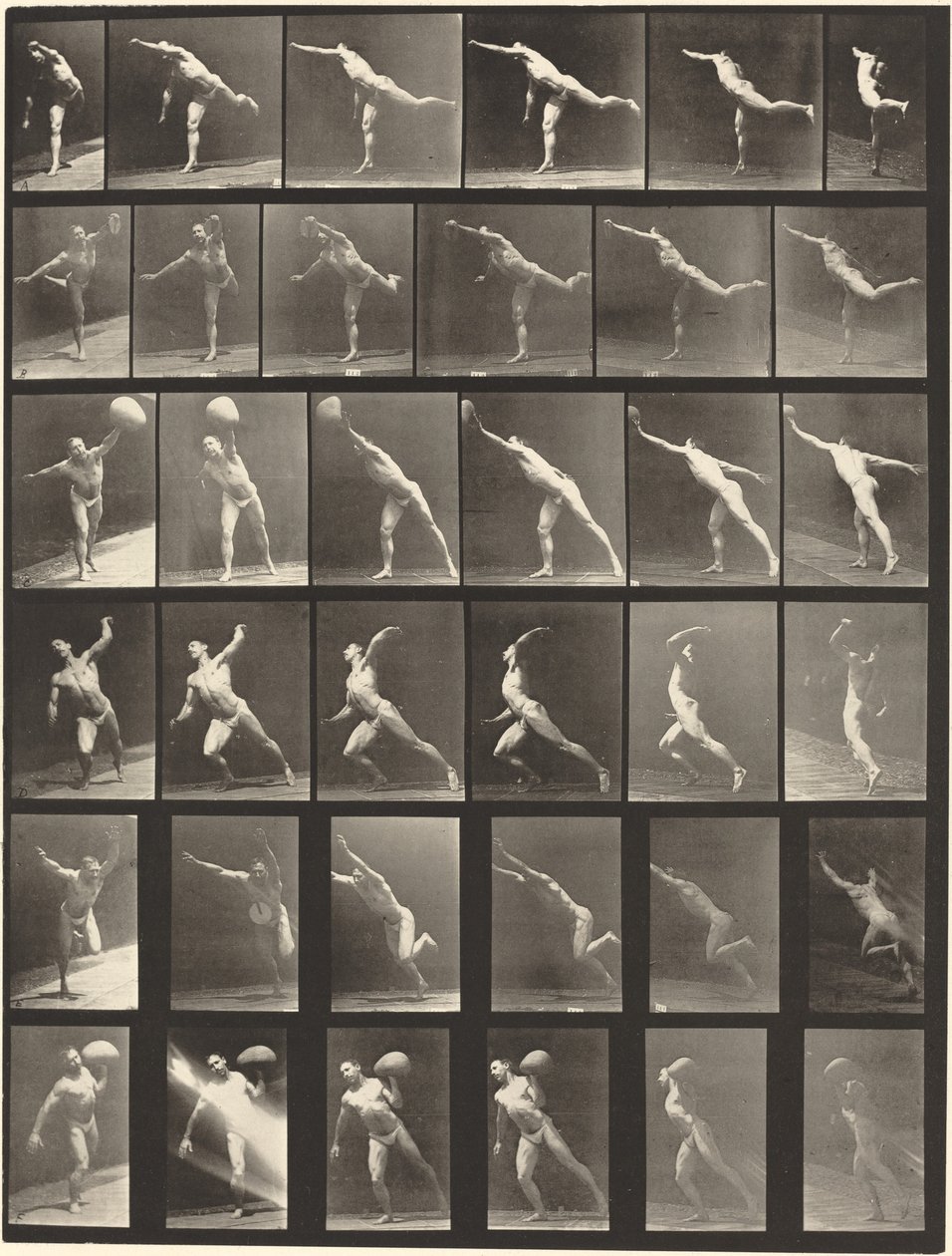 Plade nummer 523. A: Slå et slag. B, E: Kasteskive. C, F: Hæver en 75-lb. sten. D: Kaster en bold af Eadweard Muybridge