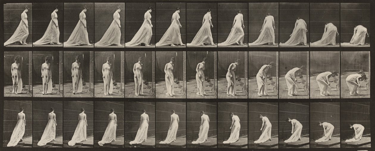 Tavle nr. 56. At gå, dreje sig og bøje sig for at løfte et tog af Eadweard Muybridge