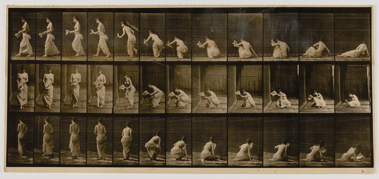Kvinde rejser sig fra at sidde på jorden, fra bogen Animal Locomotion af Eadweard Muybridge