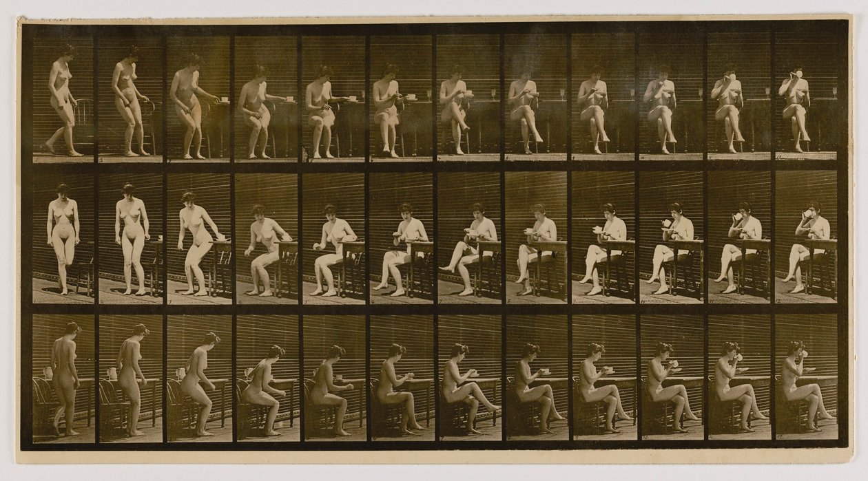 Kvinde sidder med krydsede ben og drikker af tekop, fra bogen Animal Locomotion af Eadweard Muybridge