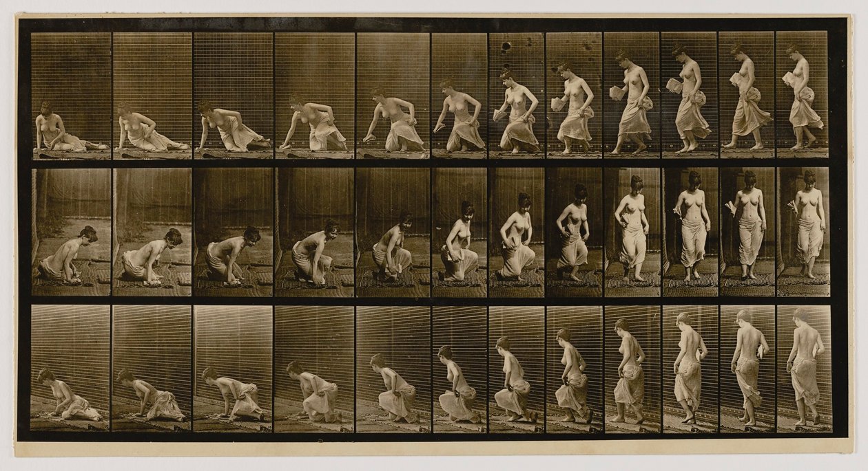 Kvinde sidder ned på jorden, fra bogen Animal Locomotion af Eadweard Muybridge