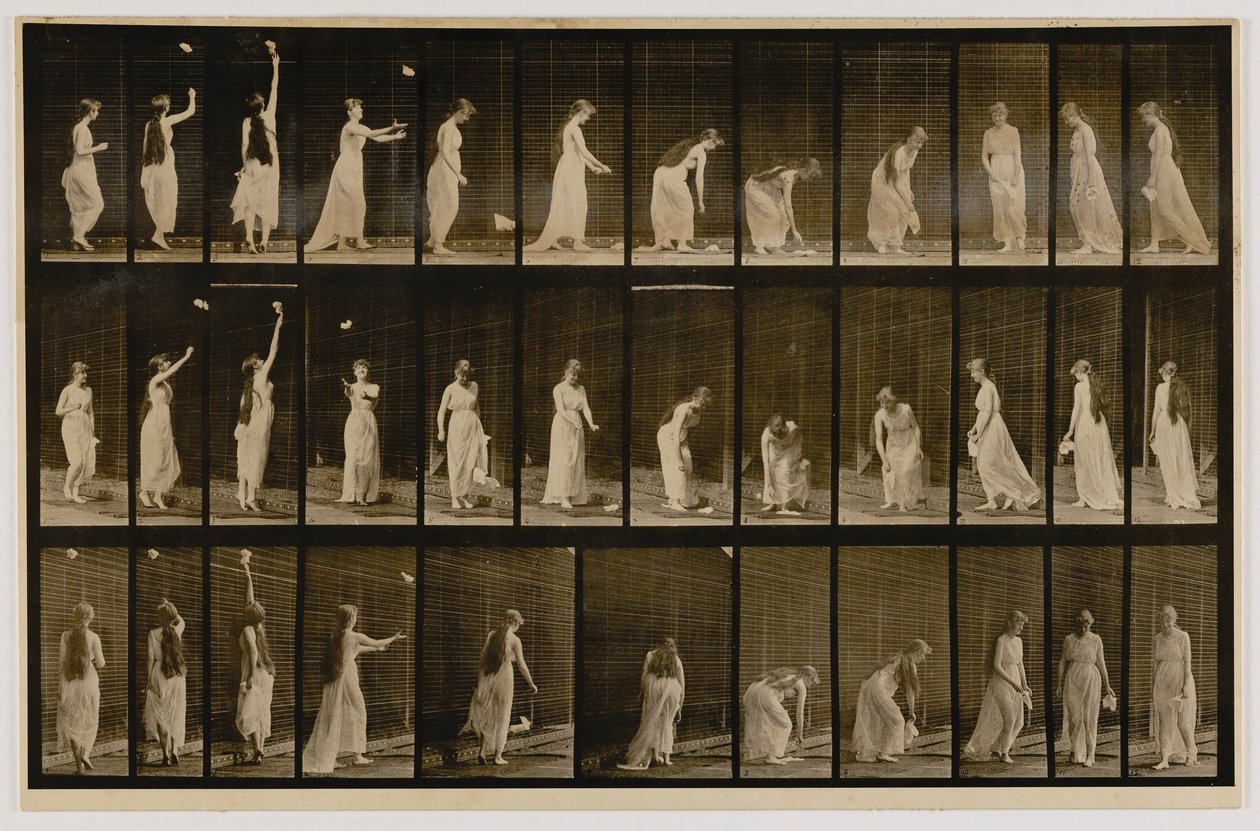 Kvinde kaster lommetørklæde op i luften og samler det op, fra bogen Animal Locomotion af Eadweard Muybridge