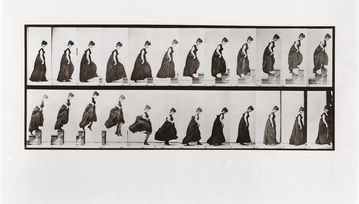 Kvinde, der går op ad trapper og hopper ned, plade 173 fra Animal Locomotion, 1887 af Eadweard Muybridge