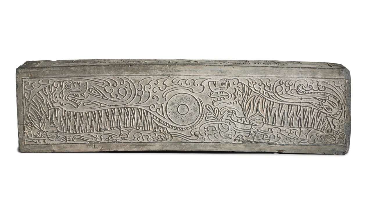 Stort formstøbt gråt begravelsesarkitektonisk element med to tigre (keramik) af Eastern Han Dynasty Chinese School