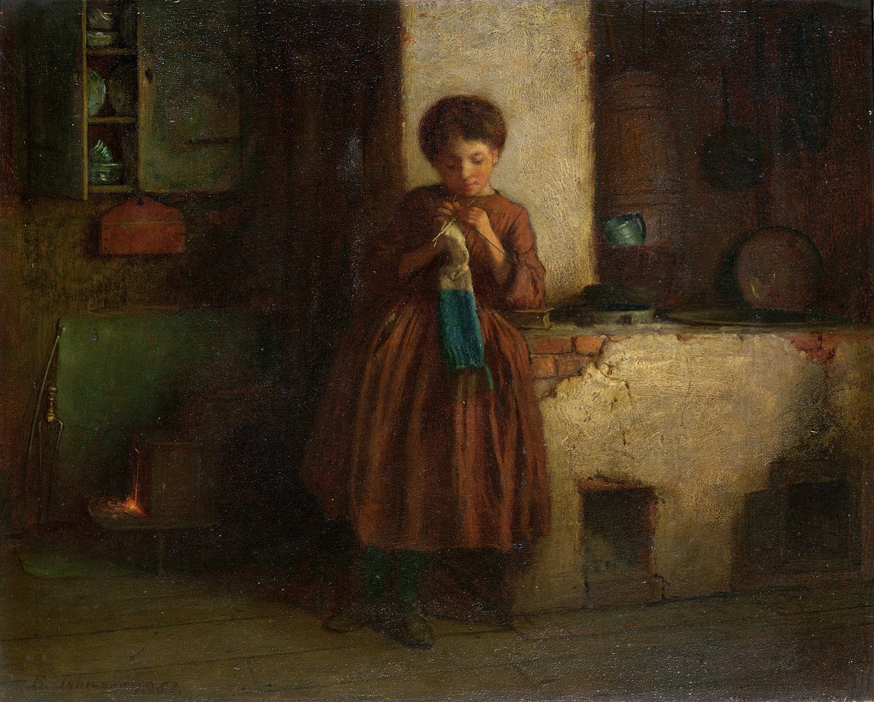 Knitting for the Soldiers, 1861 (olie på mølleboard) af Eastman Johnson