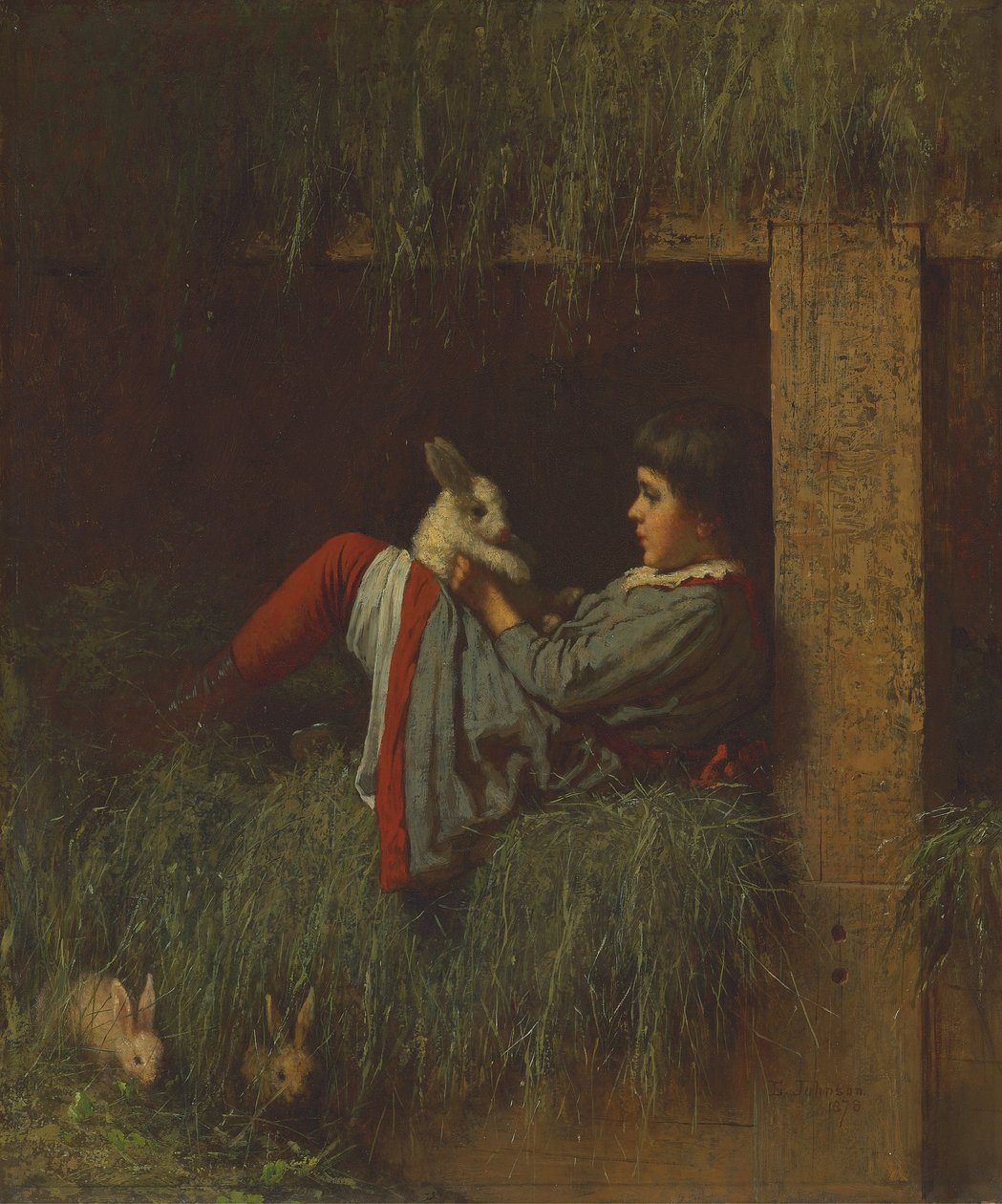 Barn leger med kanin af Eastman Johnson