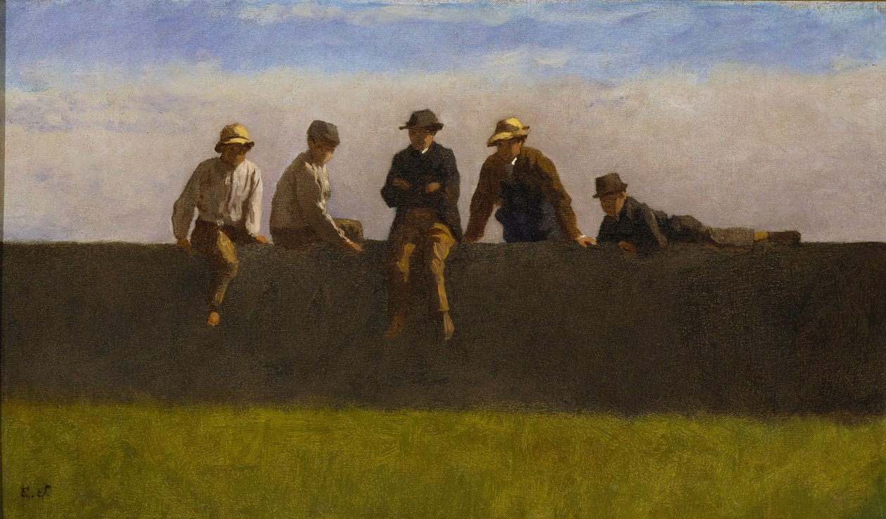 Five Boys on a Wall, ca. 1875-1880 (olie på kompositionstavle) af Eastman Johnson