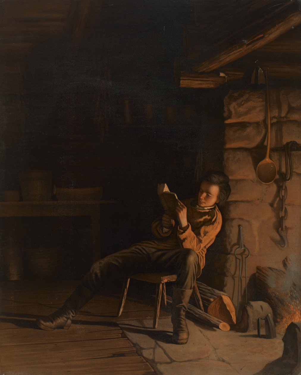Lincolns drengetid. (An Evening in the Log Hut.), 1868 (kromolitografi på papir om bord) af Eastman Johnson
