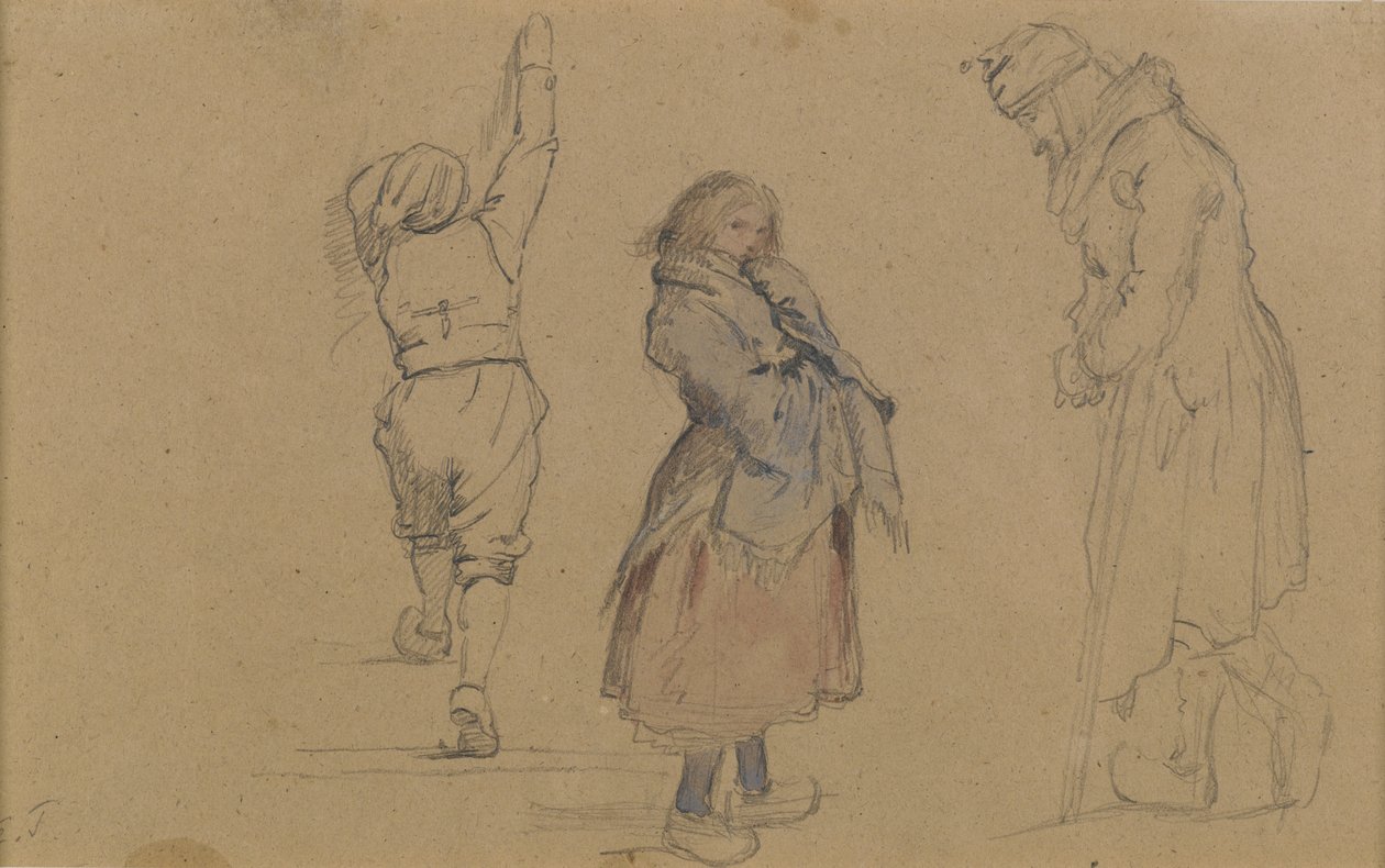 Tre hollandske figurer, ca. 1852 (grafit, wc og hvidt kridt på brunt papir) af Eastman Johnson