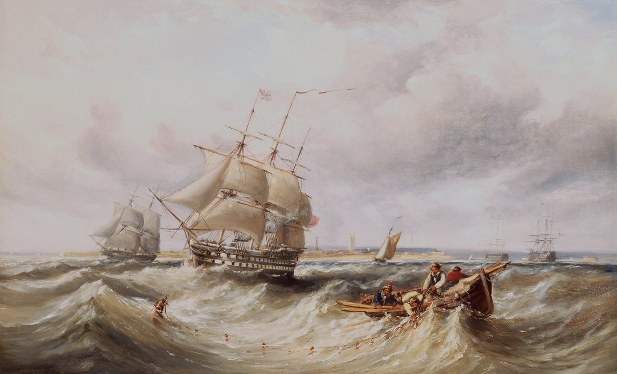 En todækker, der forlader havnen med andre krigsskibe forankret i vejen (olie) af Ebenezer Colls