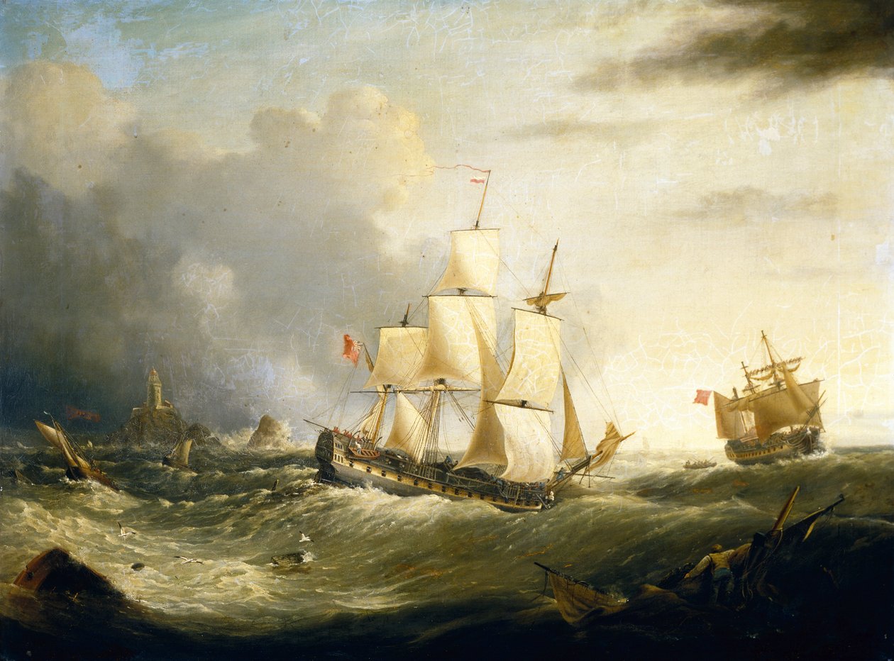 Two Deckers off Longships Lighthouse, Lands End (olie på lærred) af Ebenezer Colls