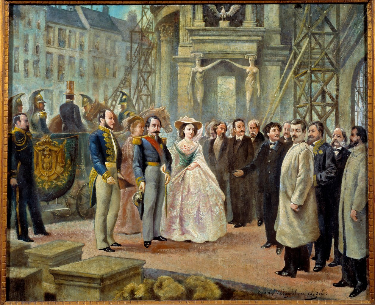 Napoleon III (1808-1873) og Imperatrice Eugenie (1826-1920) besøger værkerne af Opera Garnier i Paris. Til venstre for Napoleon III ses baron Georges Haussmann (1809-1891) og Charles Garnier med den løftede arm (1828-1885) til højre for Impres af Ed. (after) Gilis