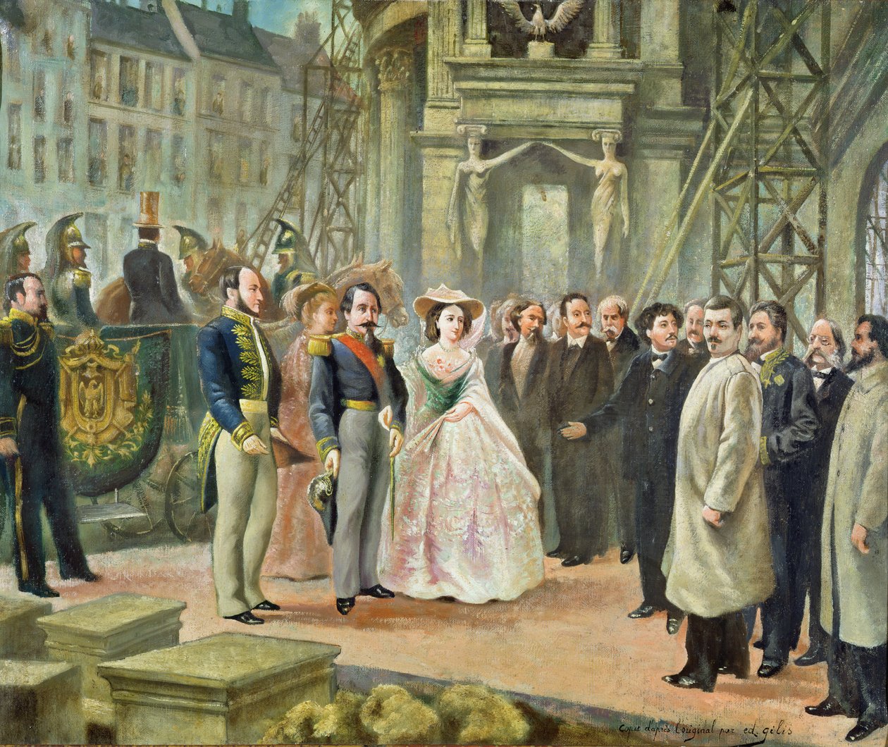 Baron Georges-Eugene Haussmann (1809-91) Napoleon III (1808-73) og kejserinde Eugenie (1826-1920) på besøg hos arbejderne i operaen af Ed. Gilis