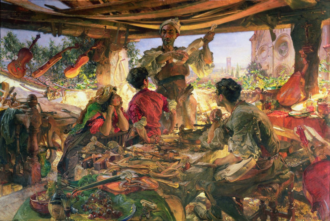 Stradivarius i hans værksted i Cremona, 1913 af Edgar Bundy
