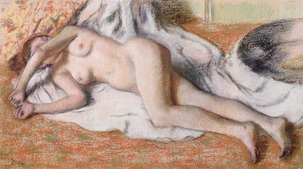 Efter badet eller, liggende nøgen af Edgar Degas