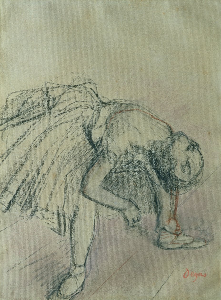 Dancer Fixing her Slipper, ca. 1865 (kul på papir) af Edgar Degas