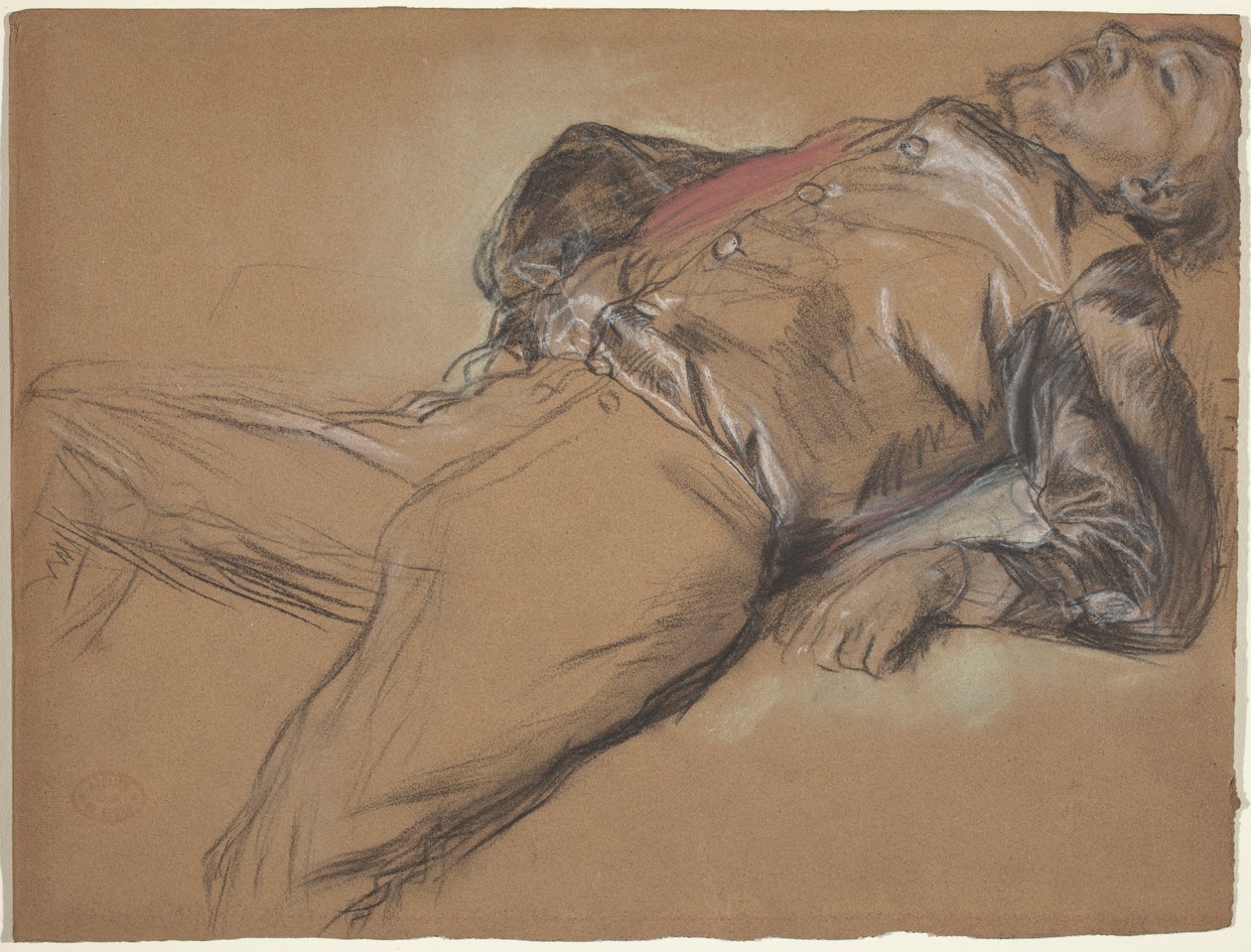 Fallen Jockey (studie til Scene from the Steeplechase: The Fallen Jockey), ca. 1866 (sort kridt og pastel på brunt vævet papir) af Edgar Degas