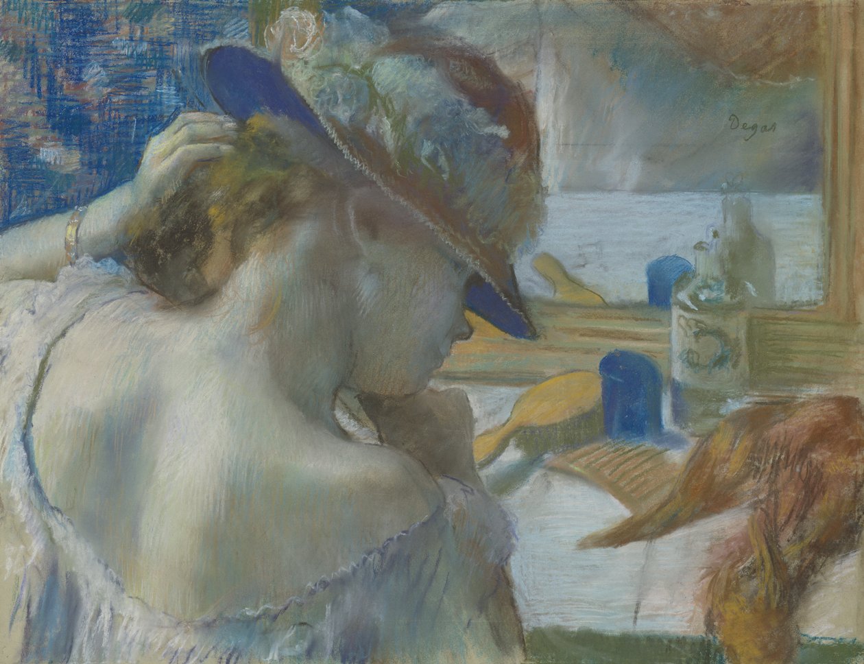 Foran spejlet, 1889 (pastel på papir) (se 141380 for den uindrammede version) af Edgar Degas