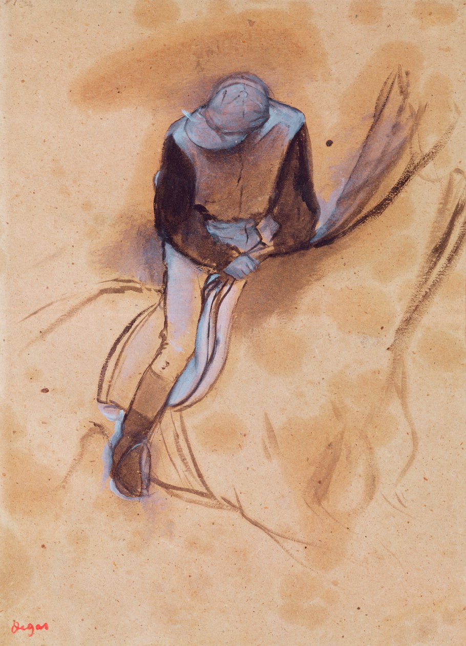 Jockey bøjet frem stående i sadlen, 1860-90 (pastel og trækul på papir) af Edgar Degas