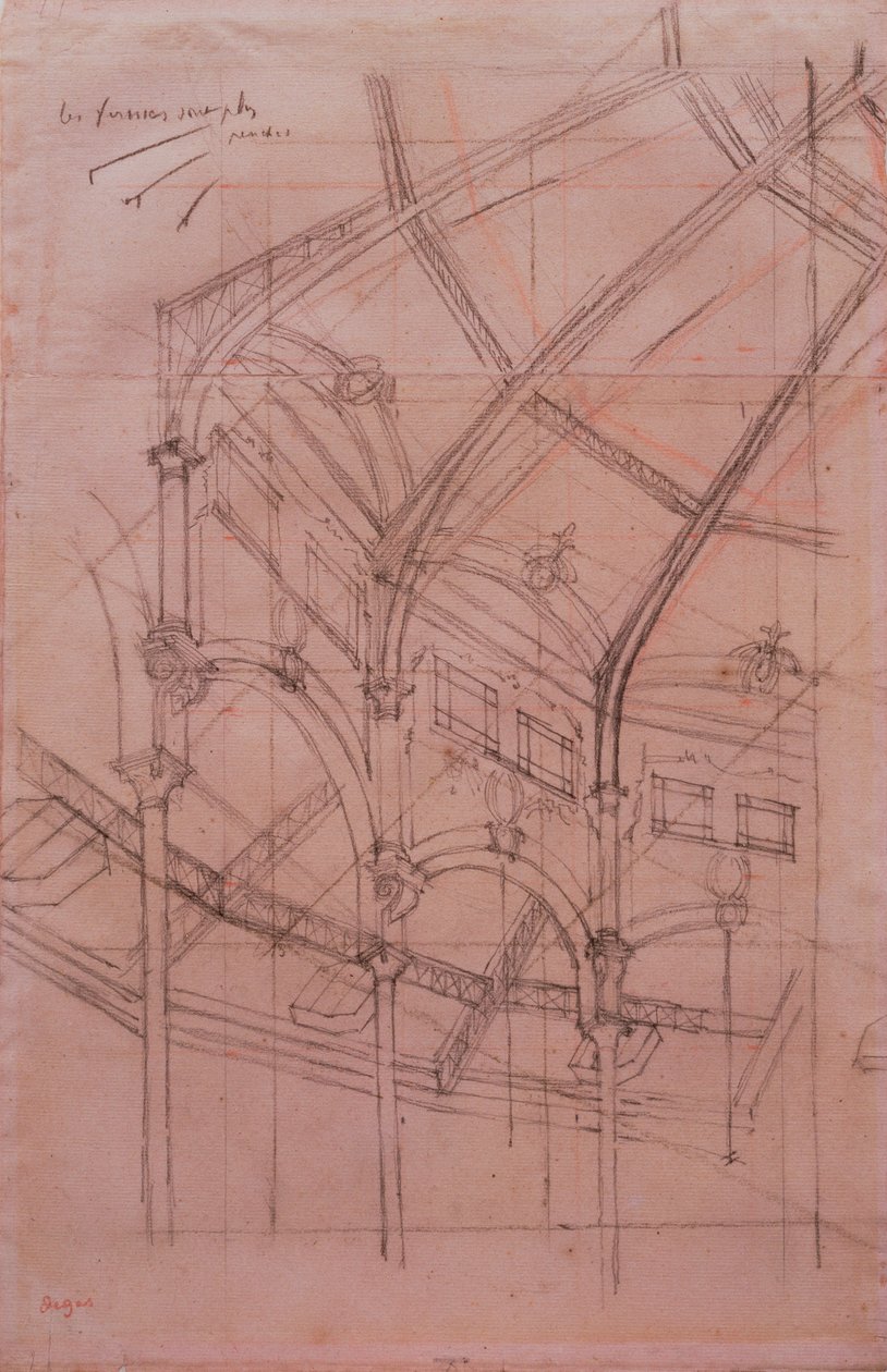 Le Cirque Fernando - arkitektonisk undersøgelse (sort og rødt kridt og blyant på to ark sammenføjet papir) af Edgar Degas