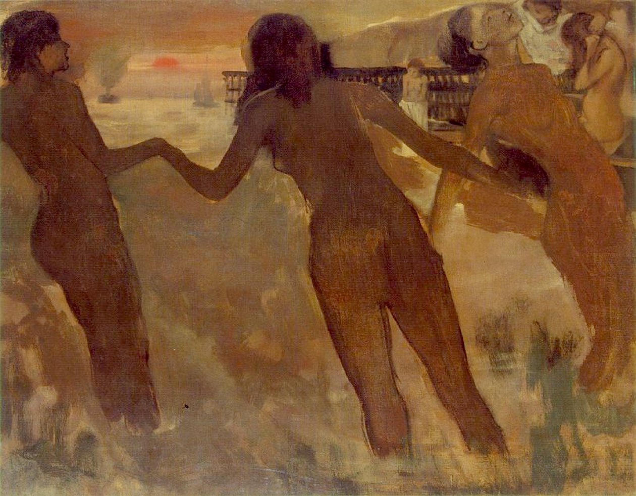 Bondepiger bader i skumringen, 1875-76 af Edgar Degas
