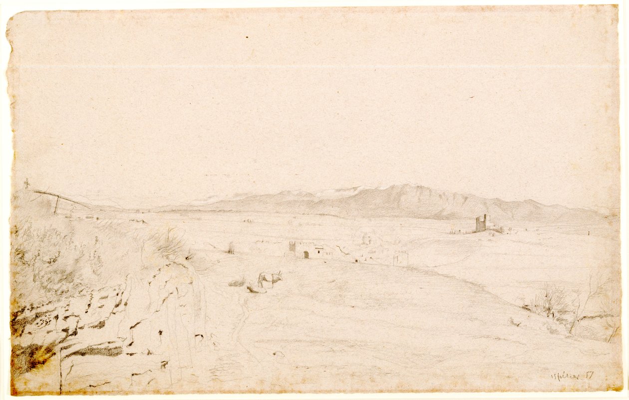 Romersk landskab, sandsynligvis vendt mod Monte Lepini, ud over byen Velletri, 1857 (grafit på pink vævet papir) af Edgar Degas