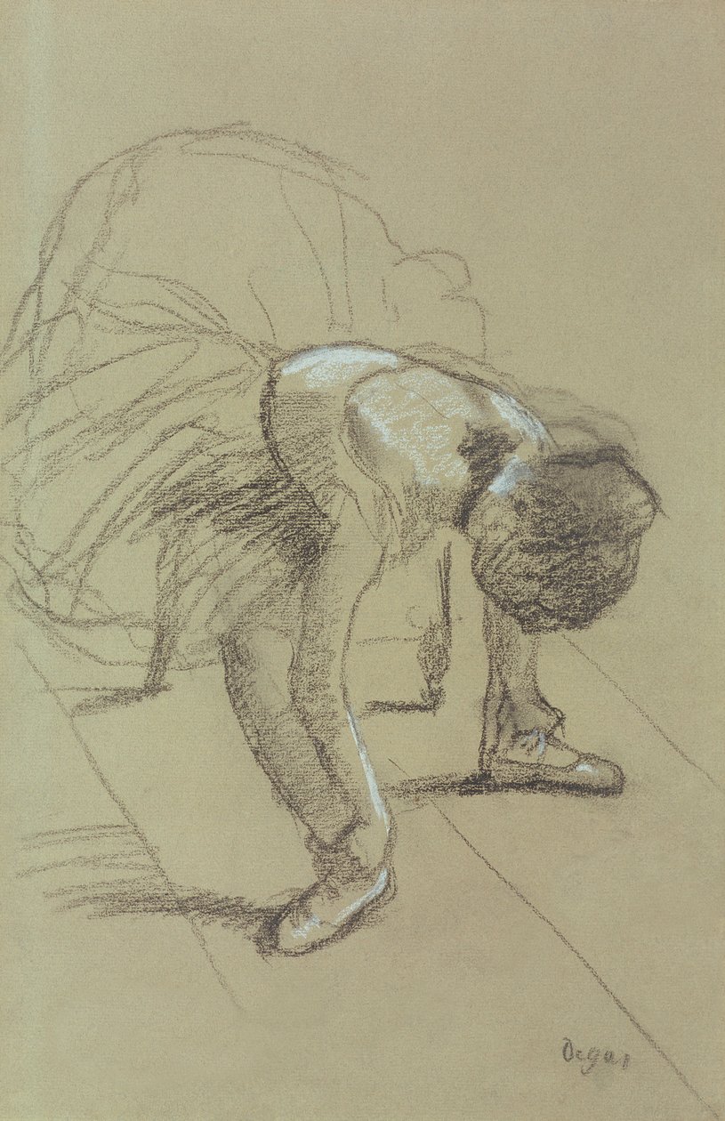 Siddende danser, der justerer sine sko, ca. 1890 (kul og pastel på papir) af Edgar Degas