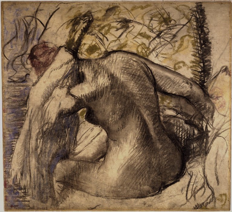 Siddende nøgen kvinde, der tørrer sit hår af Edgar Degas