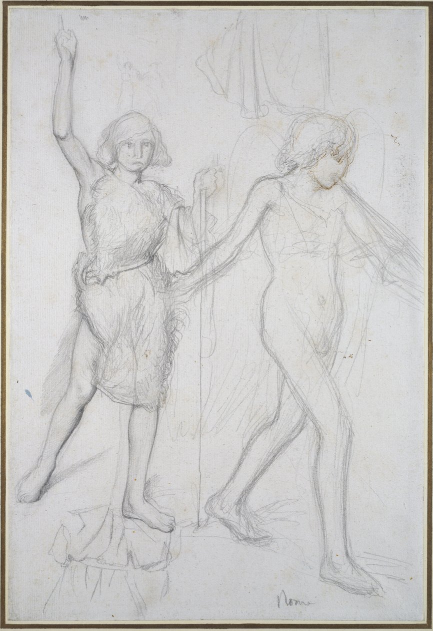 Johannes Døberen med en engel gående foran ham, til højre (blyant med pen og brunt blæk på papir) af Edgar Degas