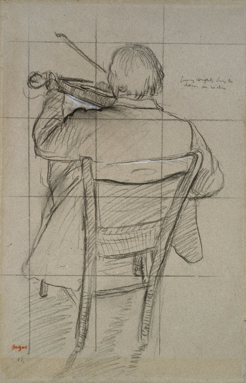 Studie af en violinist set fra bagsiden, 1800-tallet (kul forhøjet med hvidt på papir) af Edgar Degas